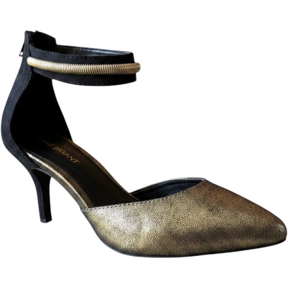 Lane Bryant Gold Metallic Pointed Toe Ankle Strap Kitten Heels Black 10W Wide